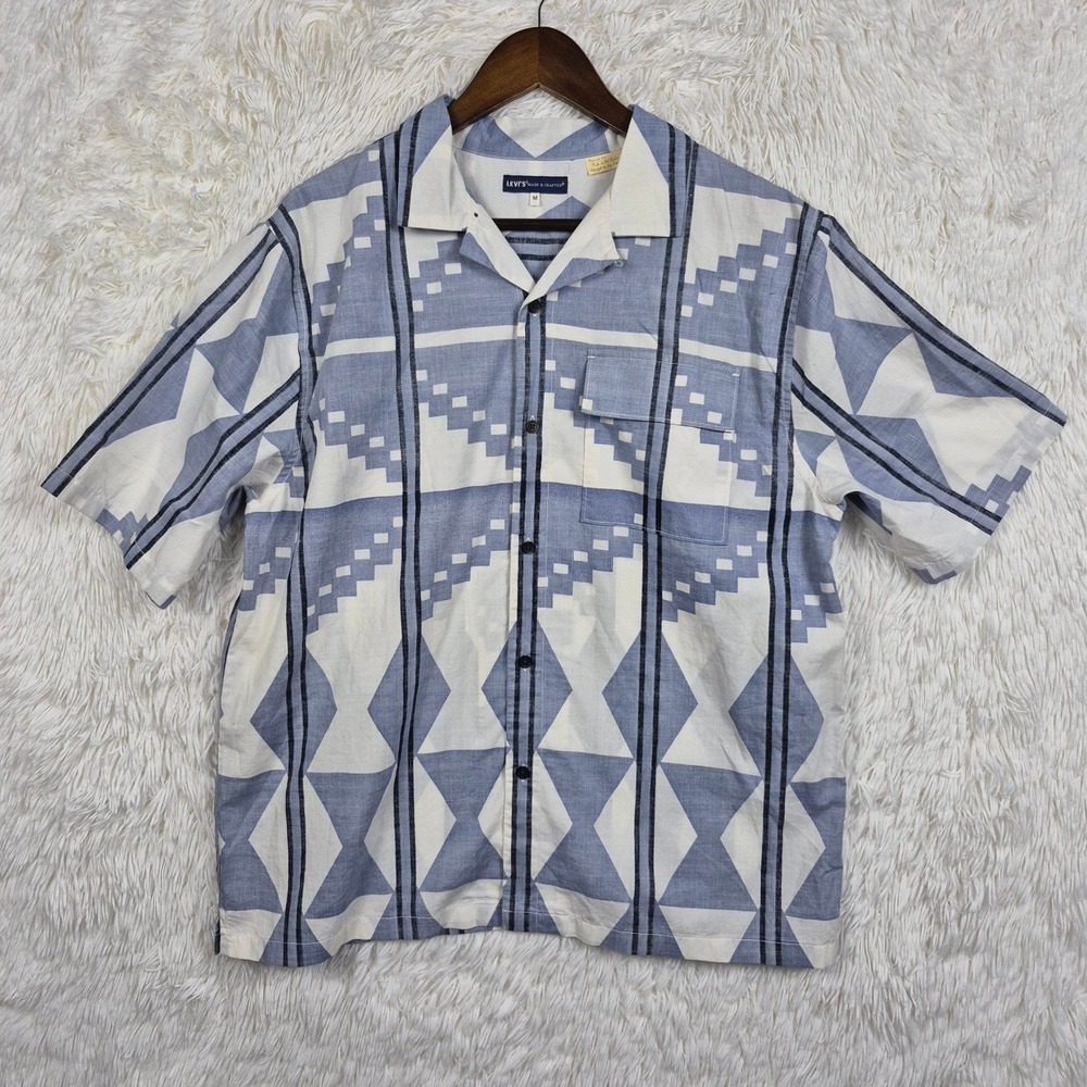 Levis Made & Crafted Mens M Blue White Geometric Print Camp Shirt Southwestern